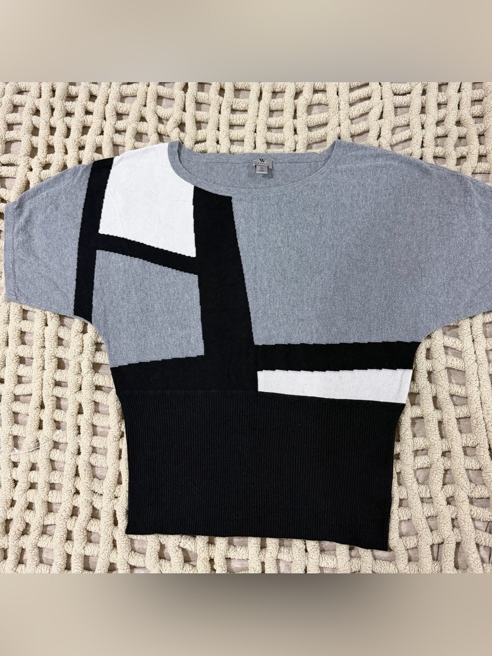Worthington Colorblock Crewneck Knit Top in Gray/Black/White #0207